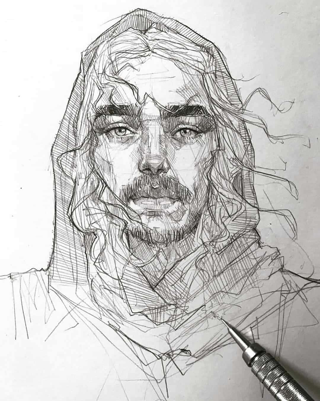 一幅長髮鬍鬚男的鉛筆素描，鉛筆擱在紙上。