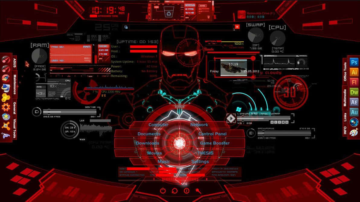 Iron Man頭盔輪廓在紅色數碼電腦介面上，帶有系統統計數據。