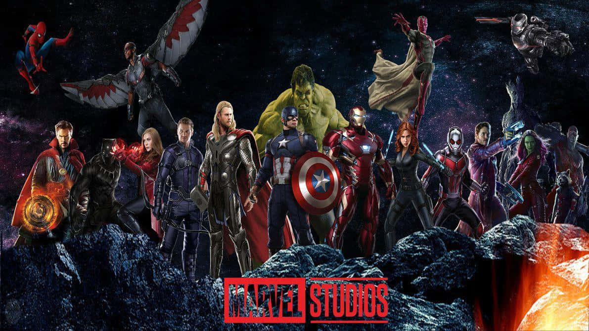 Marvel 超級英雄在岩石懸崖上英雄地擺姿勢，背景是星光燦爛的太空，下方有熔岩。