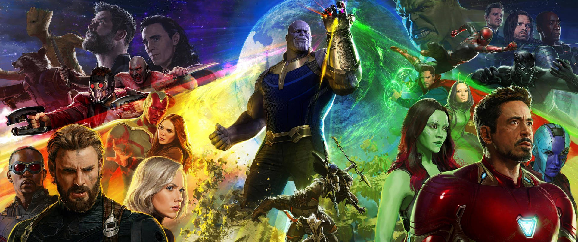 超級英雄和反派在宇宙戰鬥場景中，Thanos 位於中心。