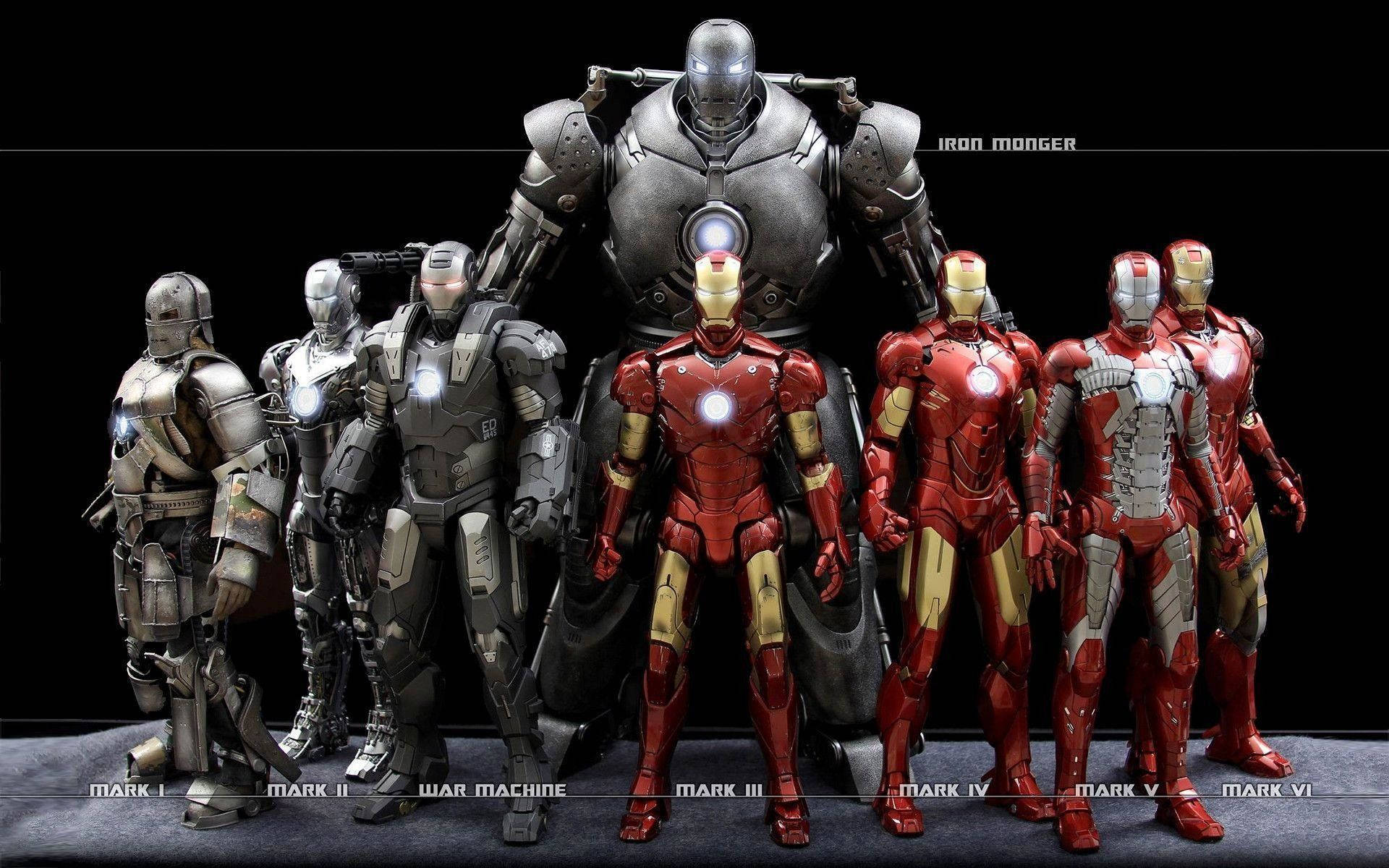 Iron Man 戰甲從 Mark I 到 Mark VI 和 Iron Monger 並排站立。