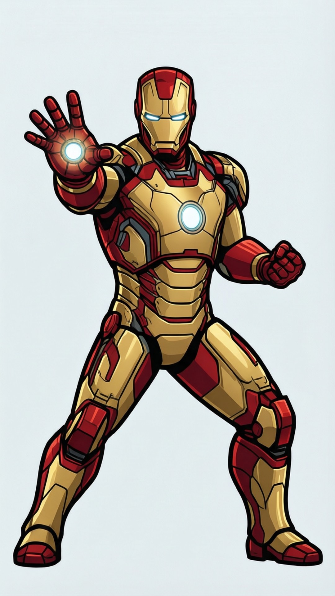 鋼鐵人向量爆發 壁紙 — Iron Man 穿著經典紅金裝甲，在純色背景下英雄般地舉起發光斥力炮的手。