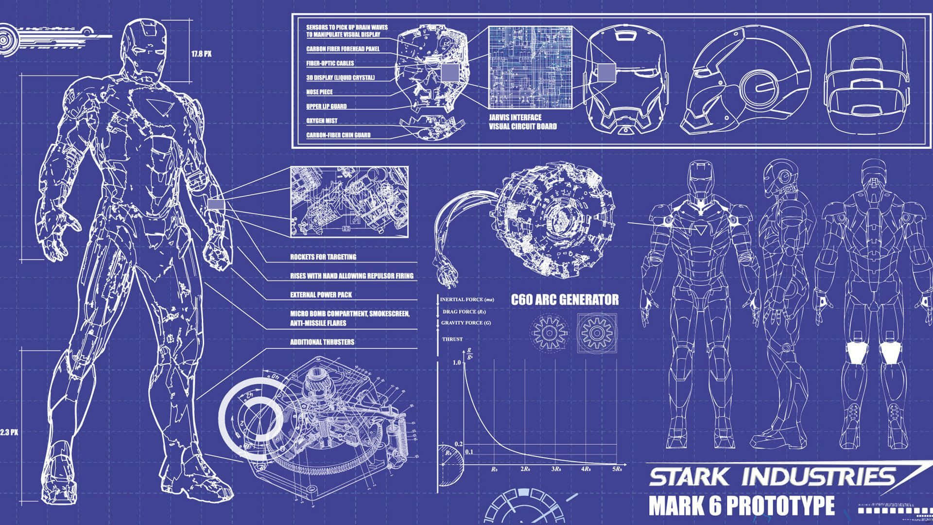 鋼鐵人戰衣藍圖背景 壁紙 — Iron Man Mark 6 裝甲的藍圖風格技術示意圖，包含詳細的組件圖表和斯塔克工業品牌標識。