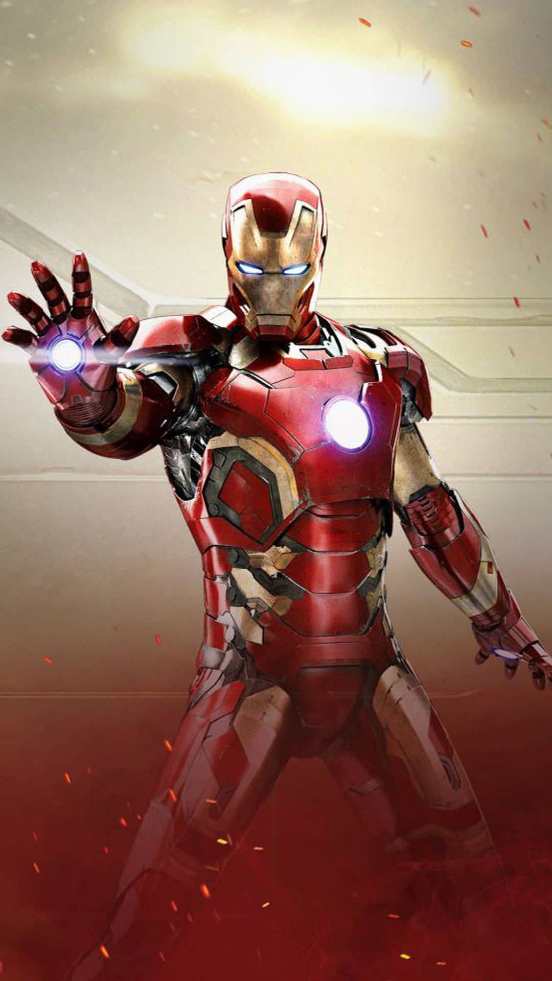 身穿紅色和金色盔甲的鐵甲奇俠，發光的斥力器和火花在他周圍飛舞。