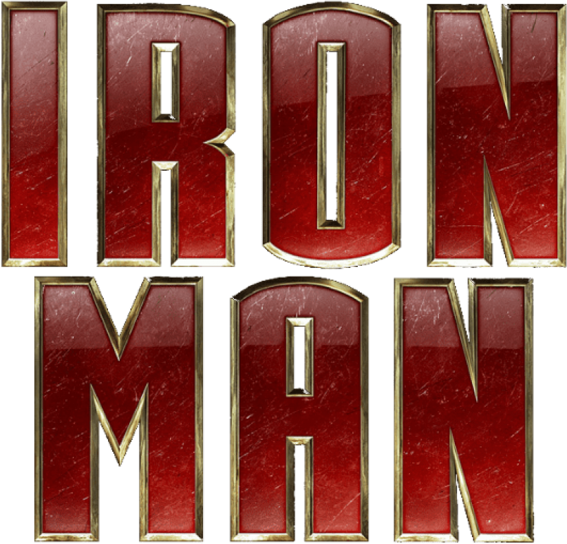 鋼鐵人文字標誌 壁紙 — 黑色背景上，帶有金屬質感和刮痕的大膽紅金「IRON MAN」標誌。