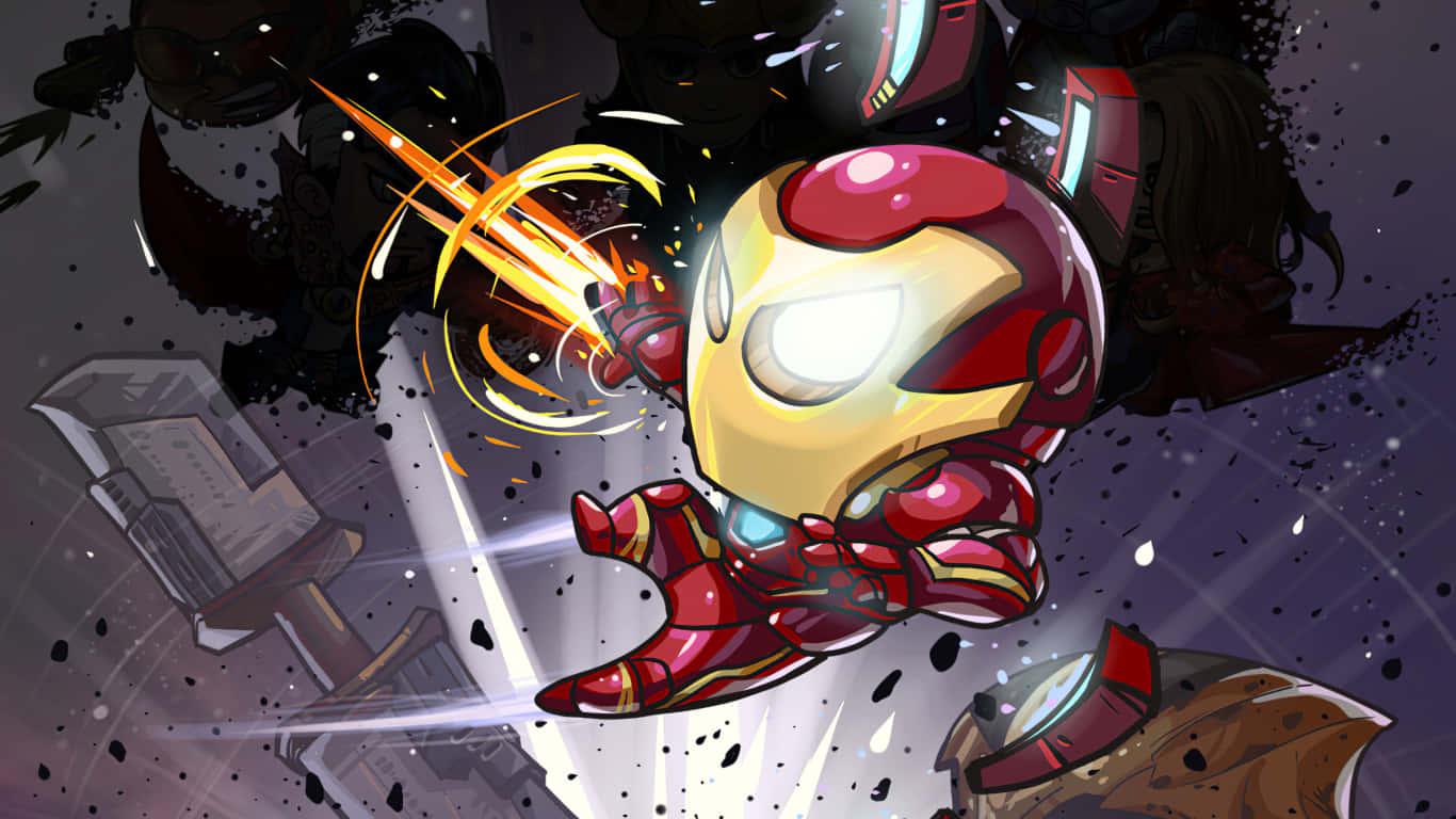 鋼鐵人準備迎戰 壁紙 — Chibi Iron Man 在動態漫畫動作場景中，於破碎的碎片中發射斥力脈衝。