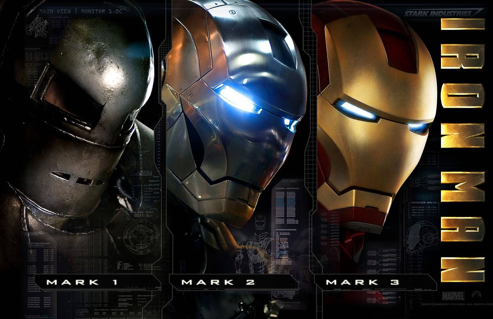 三款 Iron Man 戰甲，從 Mark 1 到 Mark 3，帶有發光眼睛和科技疊加層。