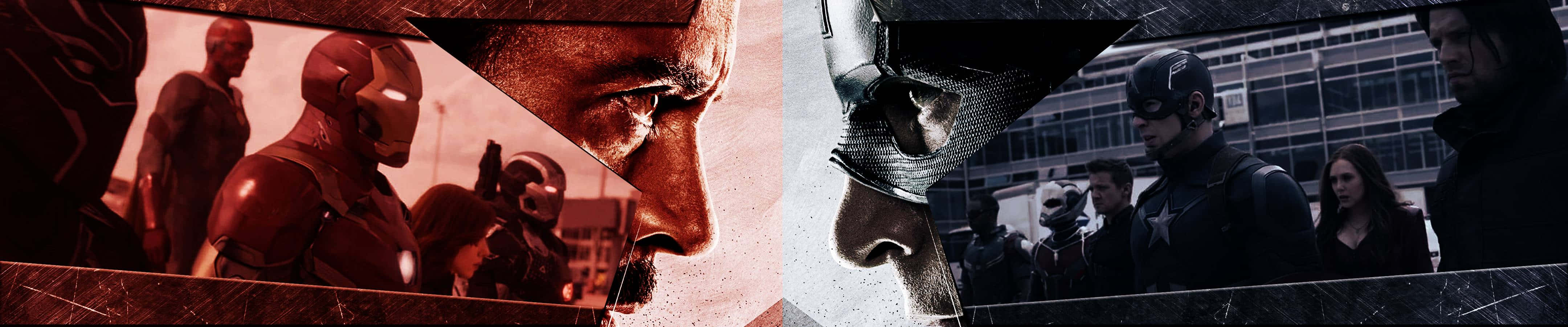 Iron Man 和 Captain America 的分屏，呈現戲劇性的超級英雄姿勢。