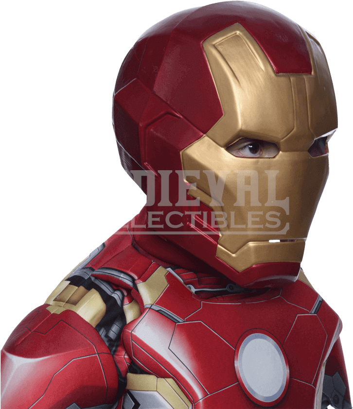 鋼鐵人頭盔與護甲特寫 壁紙 — 特寫一個孩子穿著精細的紅色和金色鐵甲奇俠套裝，背景為黑色。