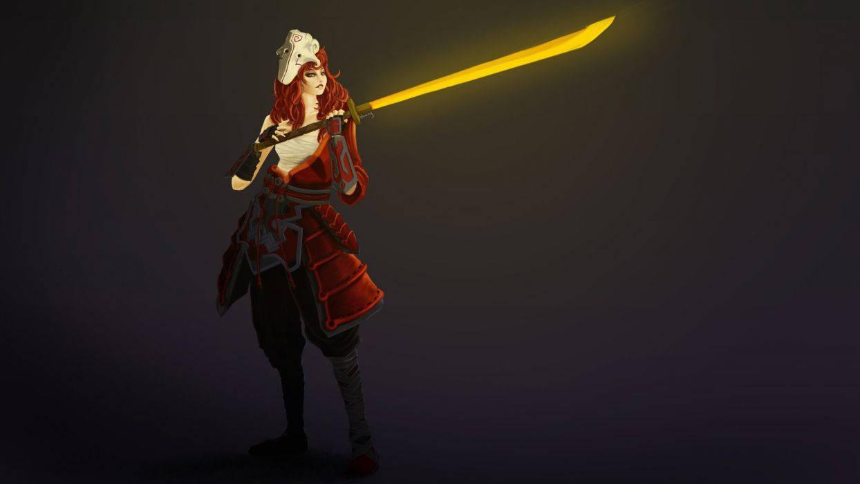 鋼鐵巨人女版 壁紙 — 一位紅髮戰士身穿華麗盔甲，在深色漸變背景中揮舞著發光的黃色劍。