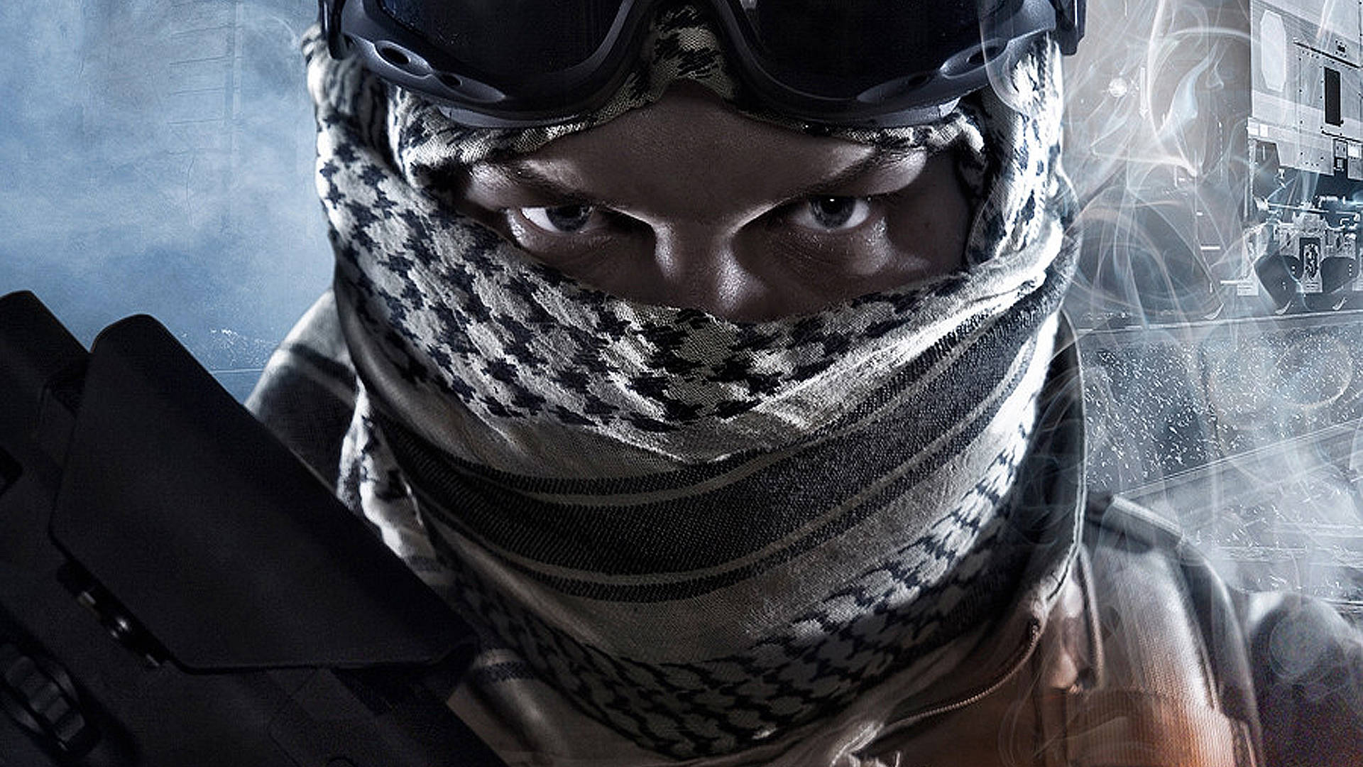 鋼鐵戰場3 壁紙 — 一名士兵戴著圖案圍巾和護目鏡，在煙霧彌漫的戰場上緊握步槍，眼神銳利。