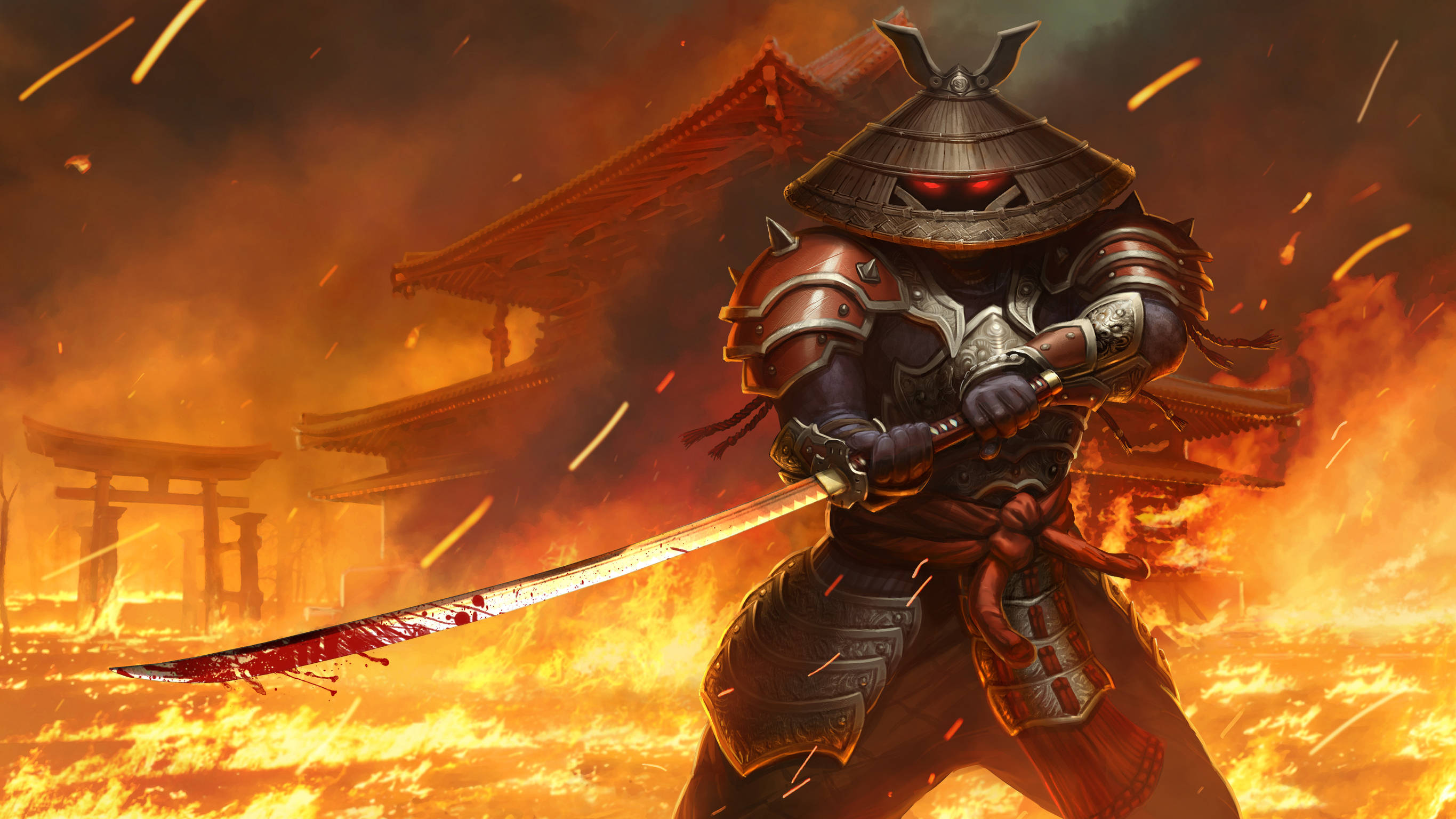 鋼鐵戰爭武士戰士 壁紙 — 一位身穿華麗盔甲的武士戰士，在燃燒的戰場上 defiantly 站立，身後是燃燒的傳統日本建築。