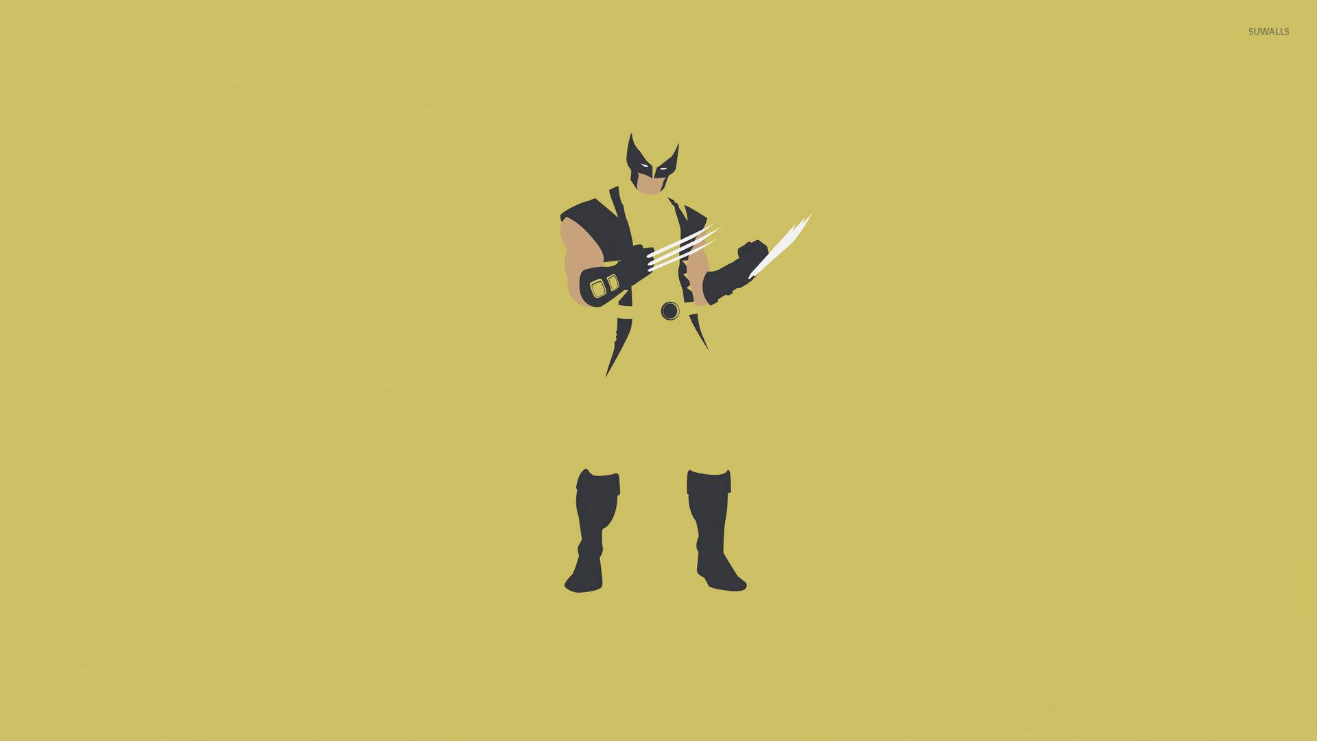 Wolverine 以黑色和黃色手持爪子和劍，背景為芥末色。