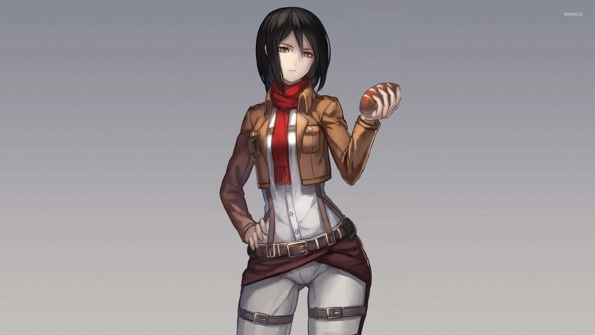 鋼鐵目光：Mikasa Ackerman 聚焦特寫 壁紙 — 一個堅定的動漫女孩，穿著棕色外套和紅色圍巾，在純灰色背景前拿著一個麵包卷。