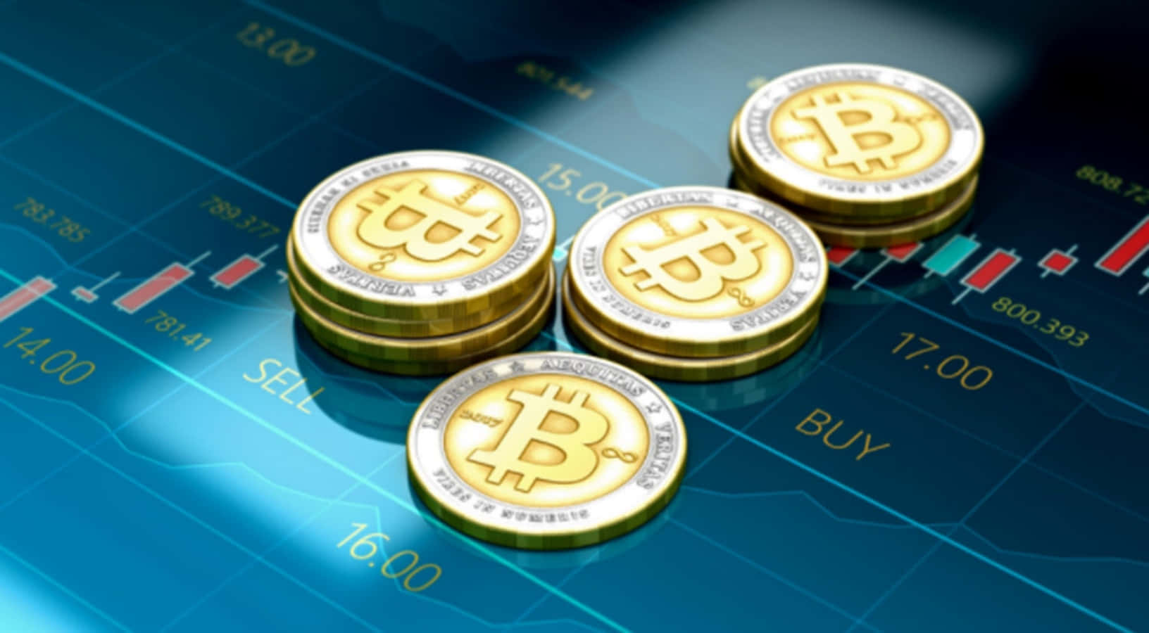 錢的未來——比特幣 壁紙 — 金色比特幣硬幣放在一個發光的藍色金融圖表上，顯示買入和賣出訂單。