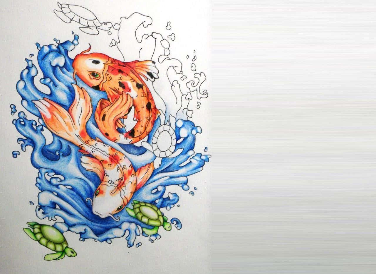 錦鯉在寧靜池塘中曬太陽 壁紙 — 鮮豔的橙色錦鯉在動態的藍色水中跳躍，伴隨著綠色烏龜和太陽圖案，呈現色彩繽紛的插圖。