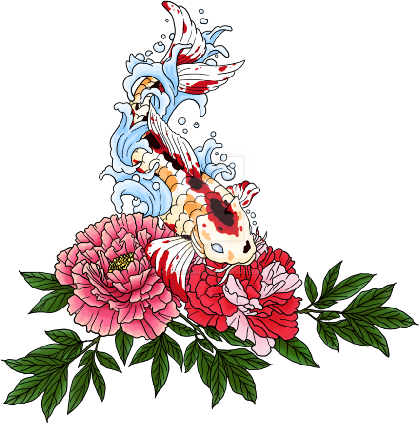 錦鯉與牡丹插圖 壁紙 — 一條色彩鮮豔的錦鯉在黑色背景上，穿過藍色波浪，躍過盛開的粉紅色和紅色牡丹，牡丹帶有綠葉。