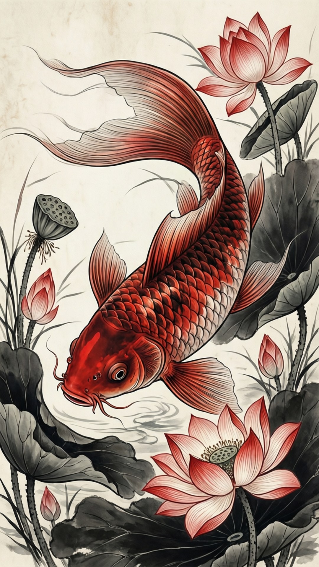 錦鯉蓮花水墨藝術 壁紙