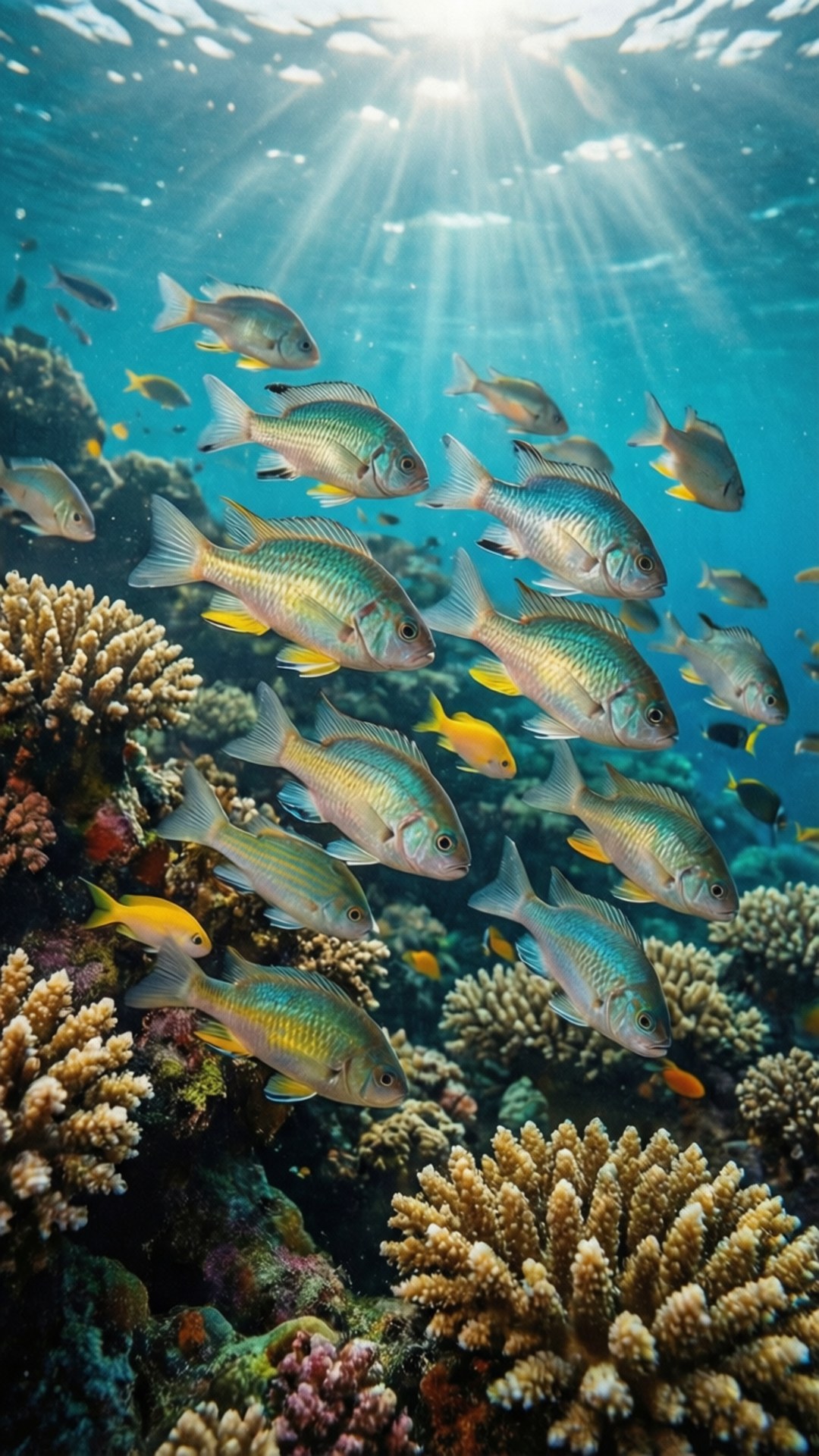 錨魚群遊 壁紙 — 陽光穿過碧綠海水，照亮了一個充滿色彩繽紛魚類的 vibrant 珊瑚礁。