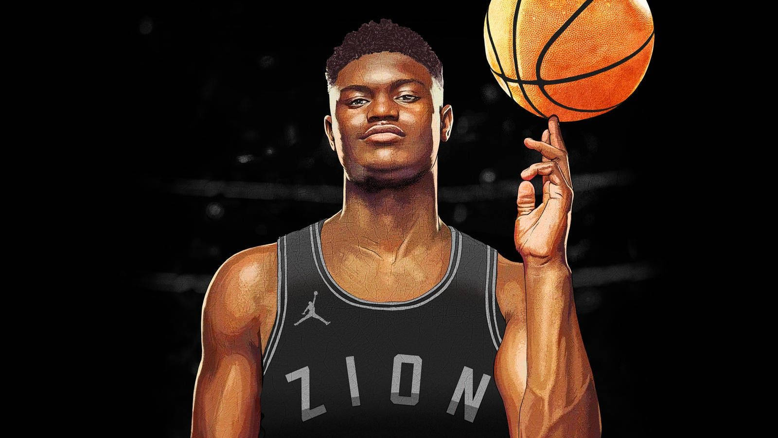 錫安·威廉森畫像 壁紙 — 一名身穿黑色 'ZION' 球衣的籃球運動員在深色背景前用指尖平衡一個橙色籃球。