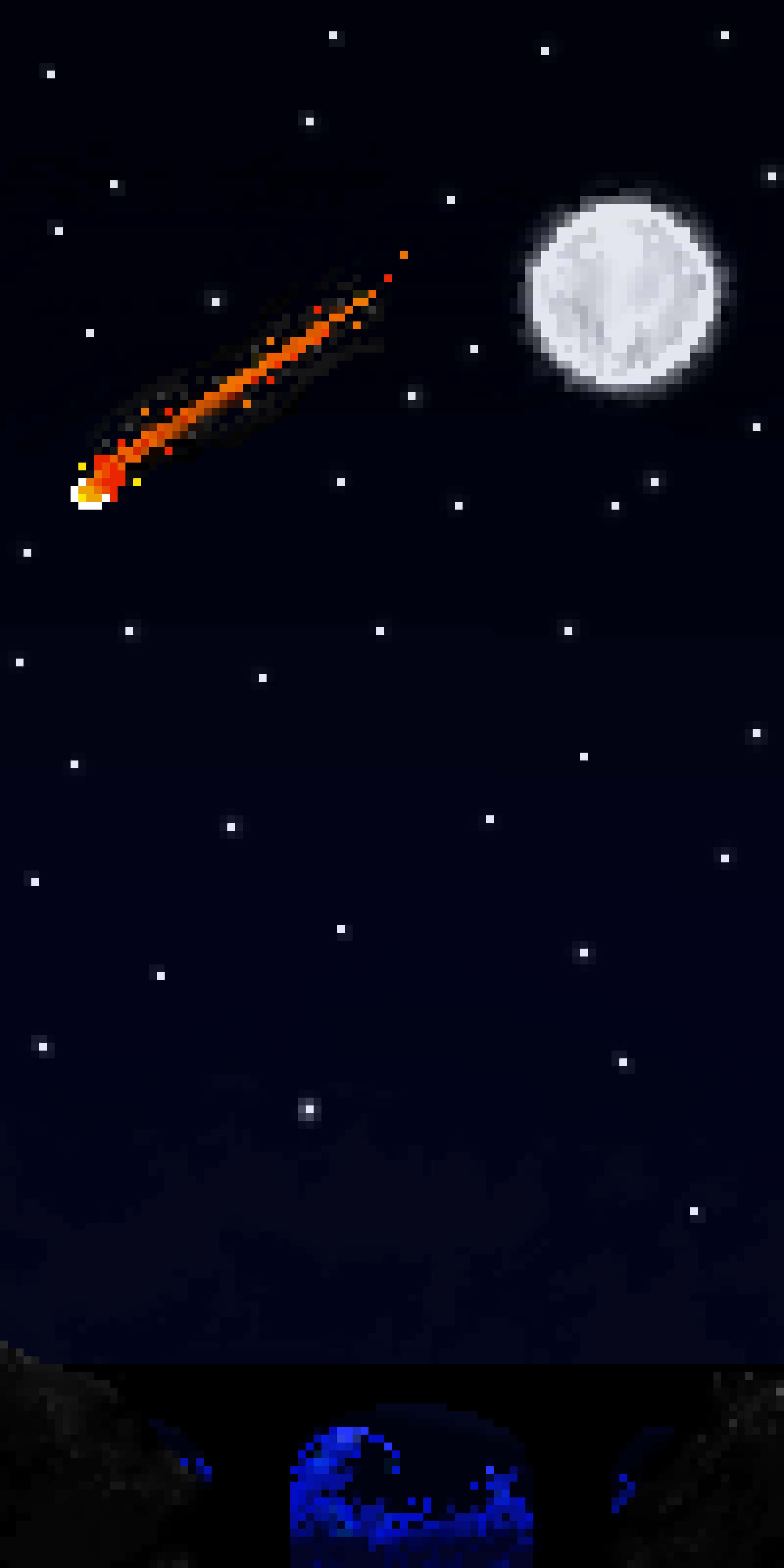 錯綜複雜的星星 壁紙 — 一顆像素化的流星劃過繁星點點的夜空，滿月在黑暗的景觀上方閃耀。