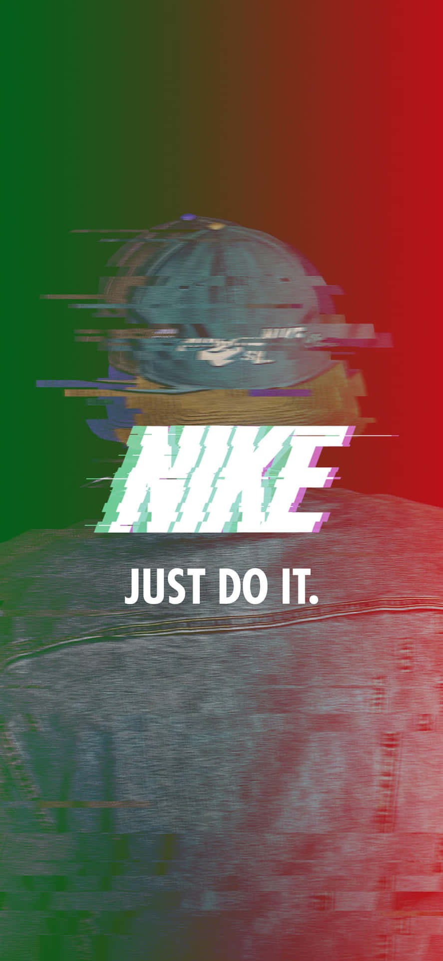 地球儀上的故障效果，帶有Nike標誌和口號，背景為紅綠漸變色。