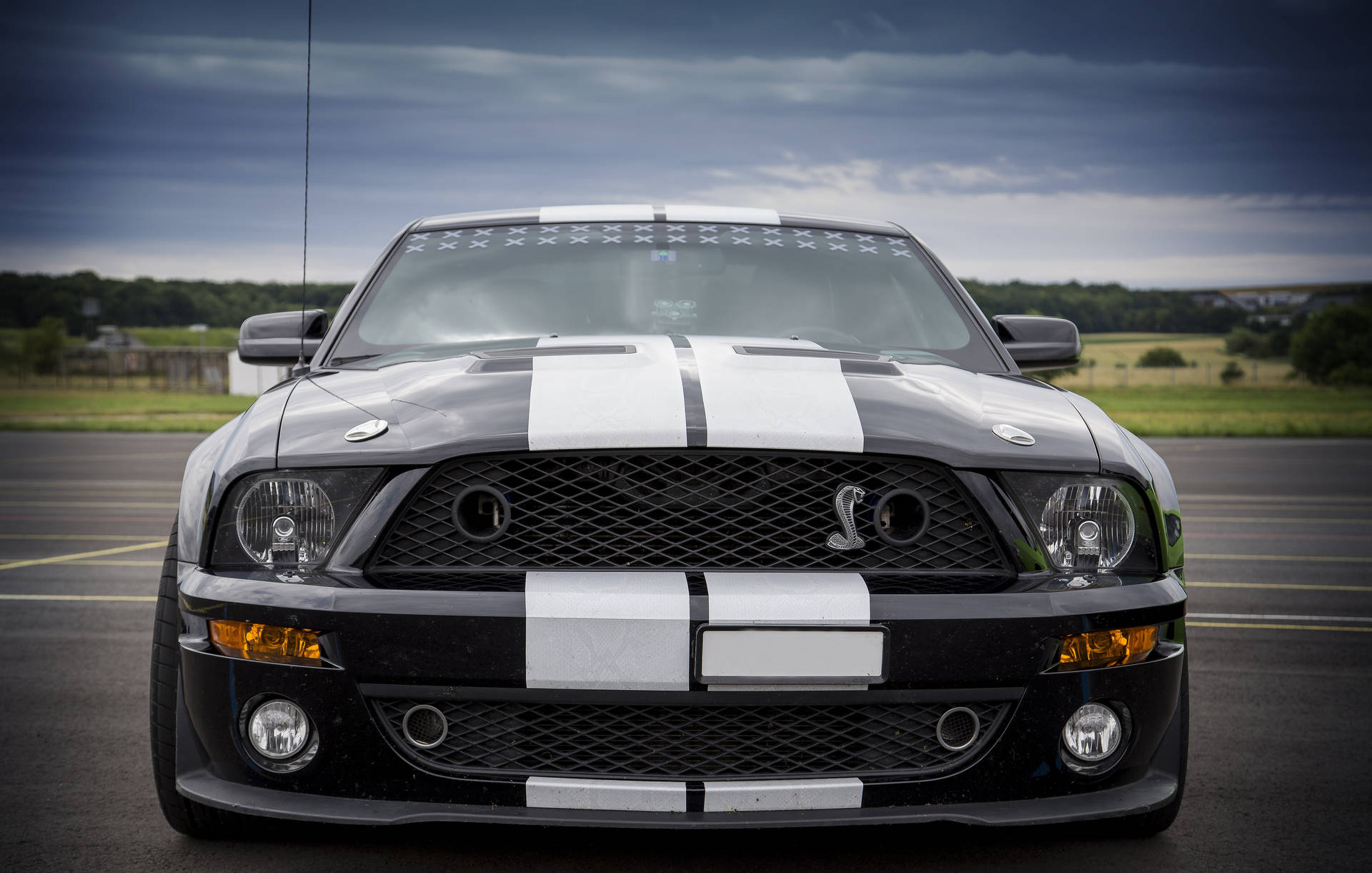 暴風雨天空下，賽道上的黑色 Shelby Mustang 帶有白色條紋。