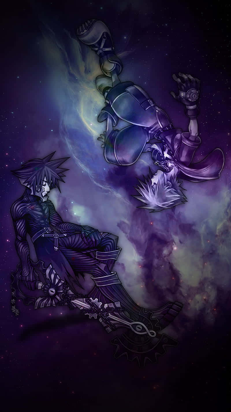 兩個身穿太空裝甲的動漫角色漂浮在紫色星雲中。
