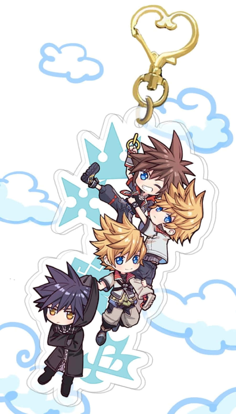 Kingdom Hearts Ventus 桌布 壁紙 — 鎖匙扣上的Q版動漫角色，配有雲朵和心形扣環，背景為淺藍色天空。