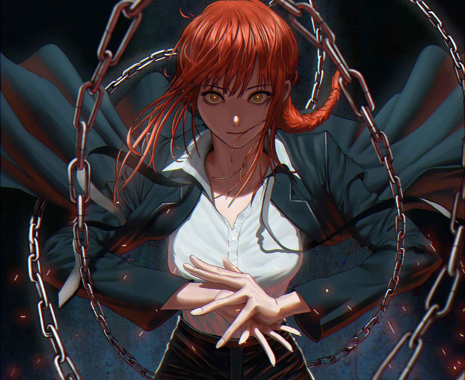 紅髮動漫女孩被發光鎖鏈包圍，伴隨著火焰般的火花。