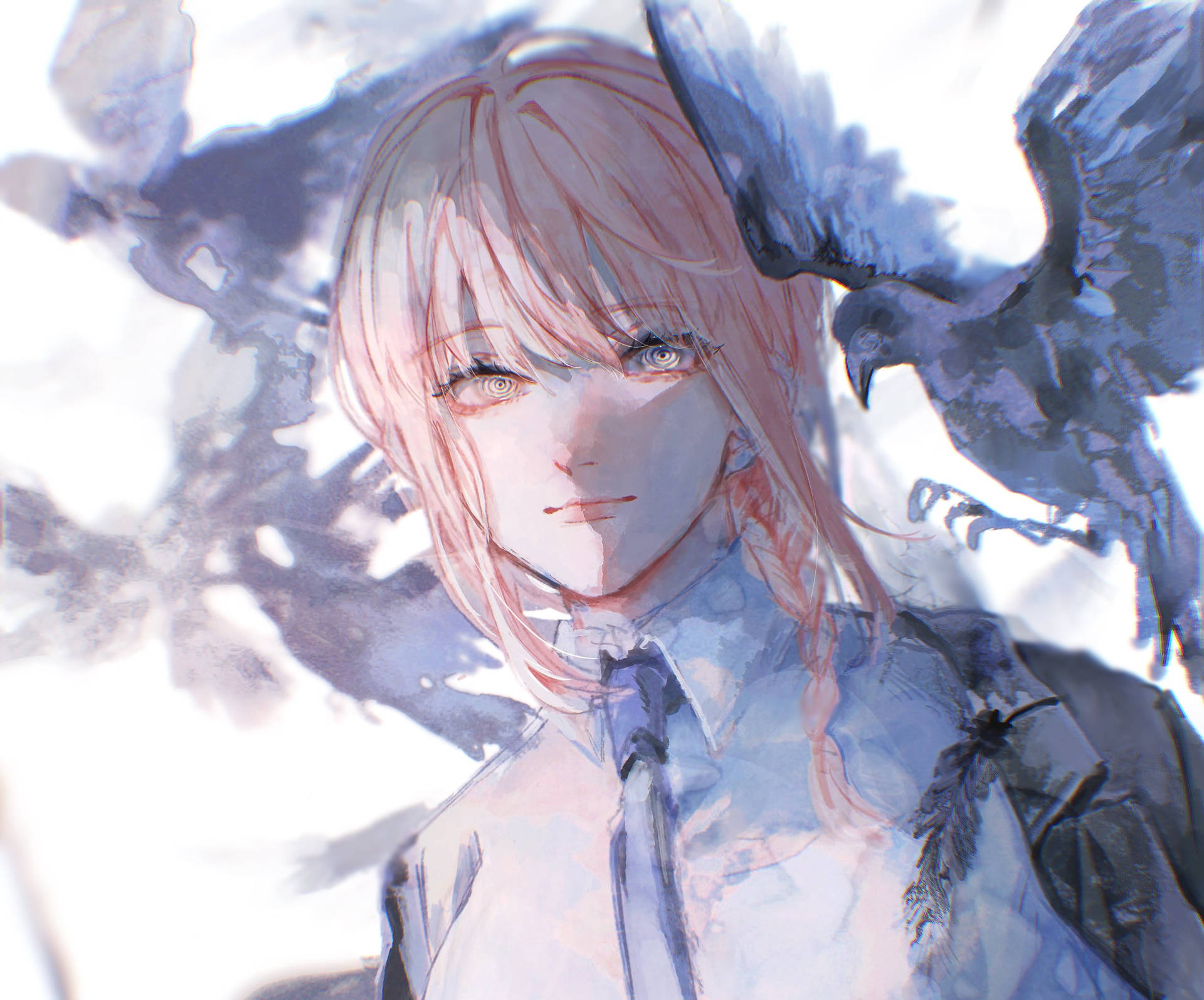 《鏈鋸人》令人毛骨悚然的美麗作者馬基瑪 壁紙 — 一個蒼白的動漫女孩，粉紅色頭髮，一隻烏鴉棲息在她旁邊，柔和的水彩風格。