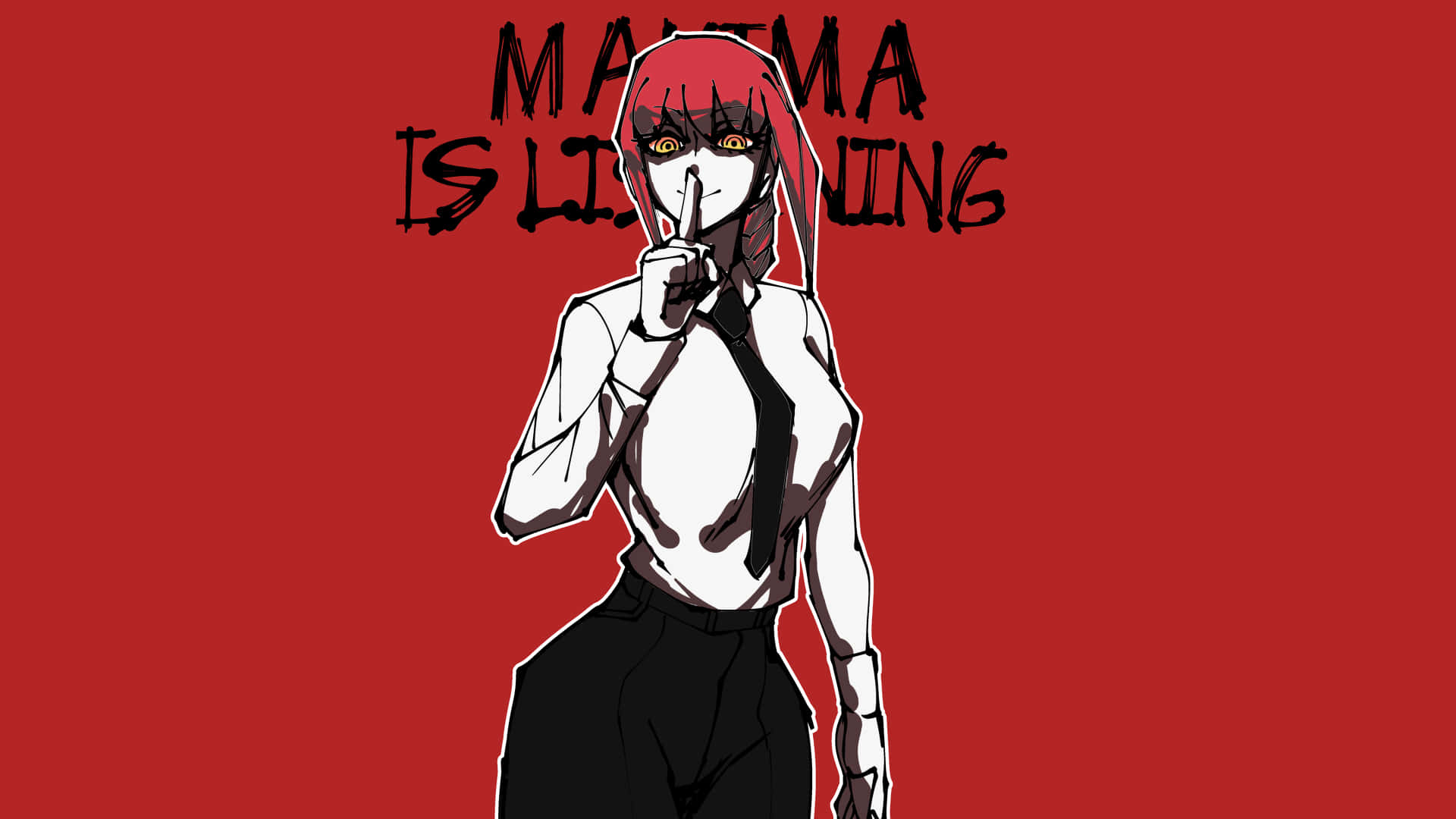 動漫女孩，紅髮黃眼，在紅色背景上將手指放在嘴唇上，並帶有文字「MALMA IS LISTENING」。