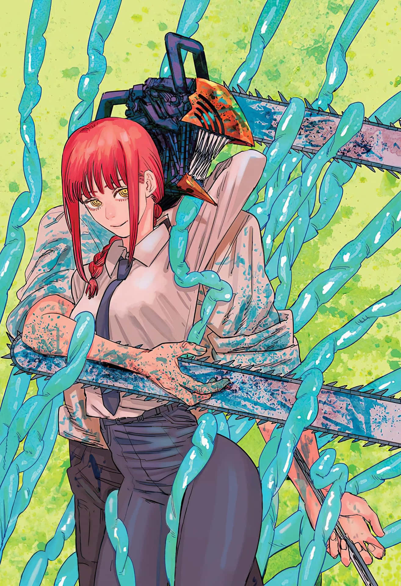 動漫女孩，電鋸頭，藍色鎖鏈，綠色背景