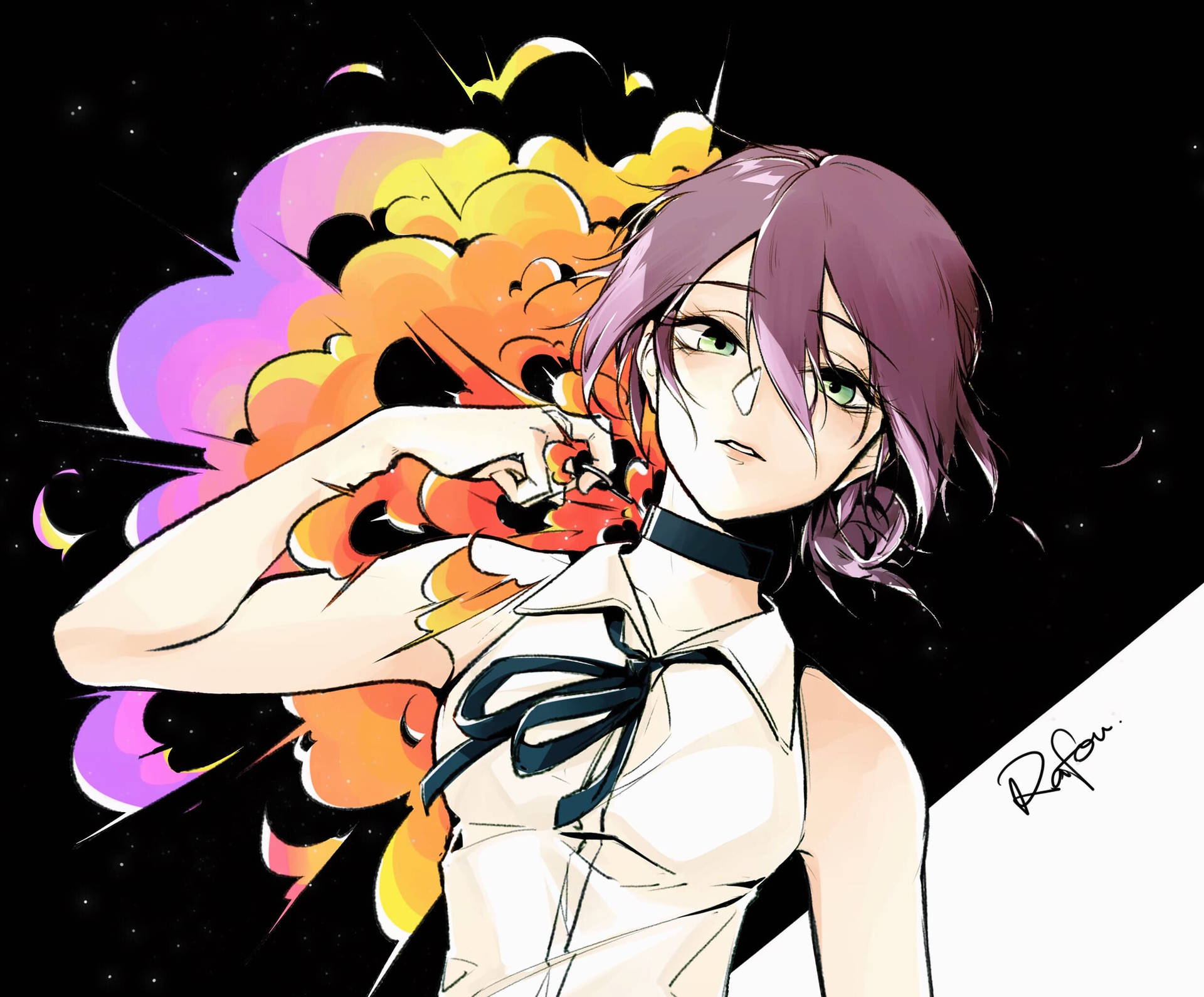 紫髮動漫女孩穿著白色連衣裙，在星空黑色背景上抱著火紅色生物。
