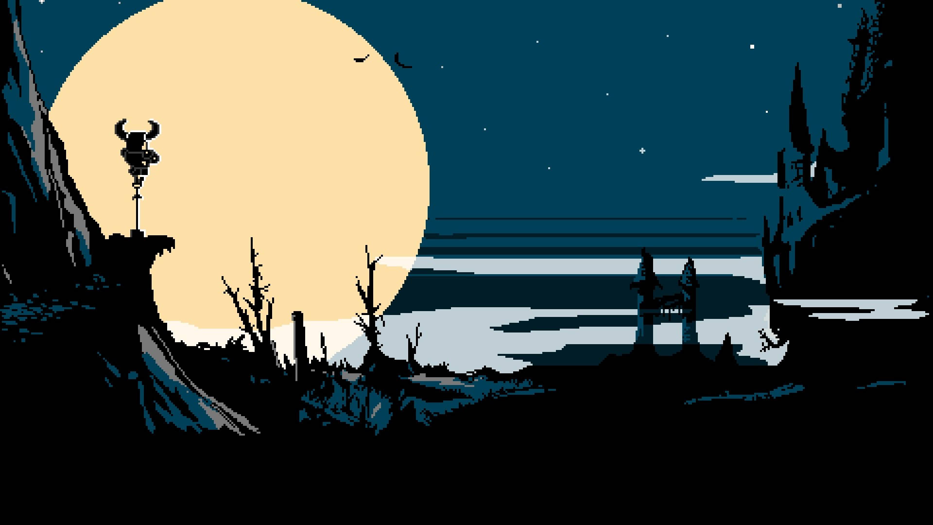 《鏟子騎士》像素風自然風景 壁紙 — 一幅像素藝術夜景，巨大月亮升起在黑暗景觀之上，有懸崖、廢墟和光禿樹木的剪影。