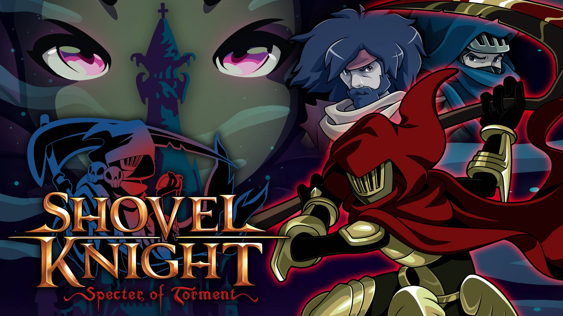 Shovel Knight 身穿紅色斗篷，手持鏟子面對擁有發光眼睛的黑暗敵人，遊戲藝術。