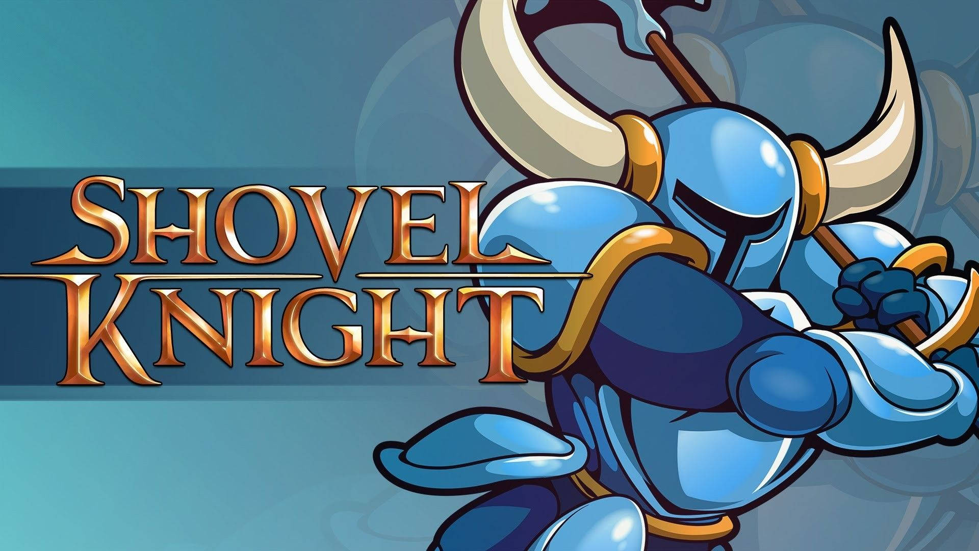 藍色盔甲騎士手持鏟子，金色 'Shovel Knight' 標題。