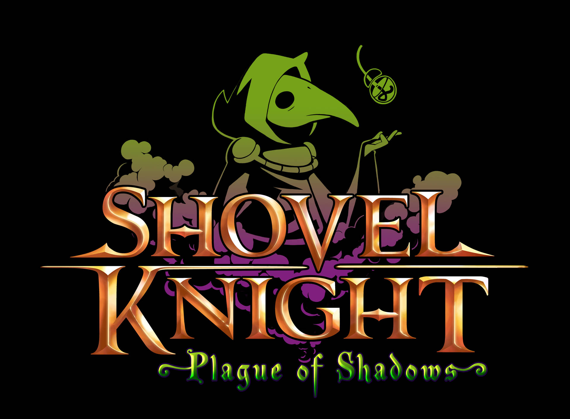 Shovel Knight Plague of Shadows 遊戲標誌，顯示一個綠色瘟疫醫生手持發光球體。