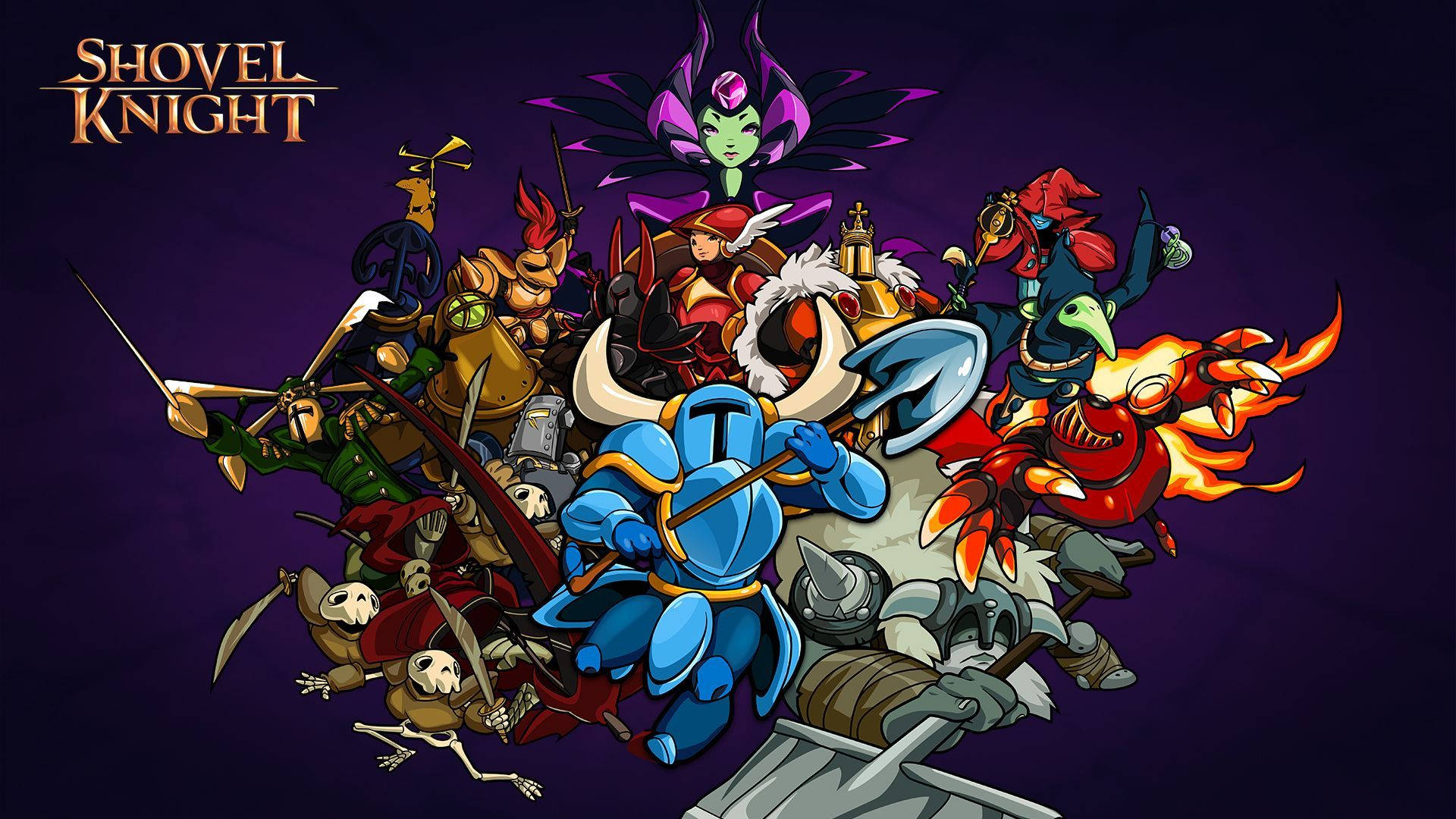 Shovel Knight和他多彩的遊戲角色在一幅動態卡通插圖中。