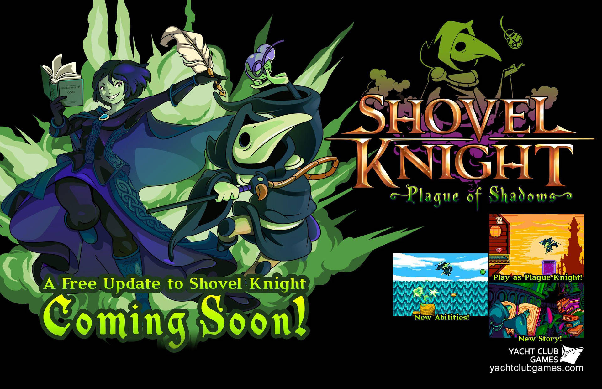 Shovel Knight Plague of Shadows 遊戲更新公告，包含角色和遊戲預覽。