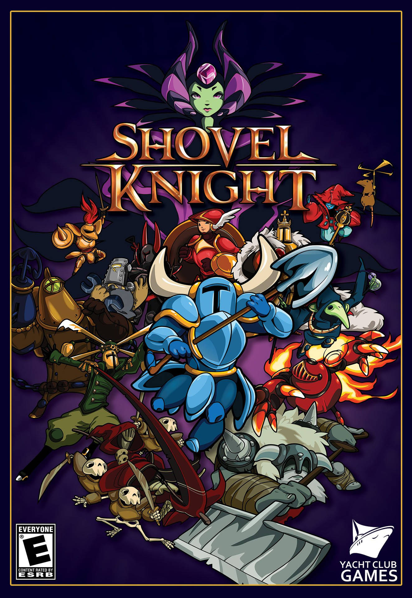 Shovel Knight 和盟友在色彩繽紛的奇幻遊戲海報中與敵人戰鬥。