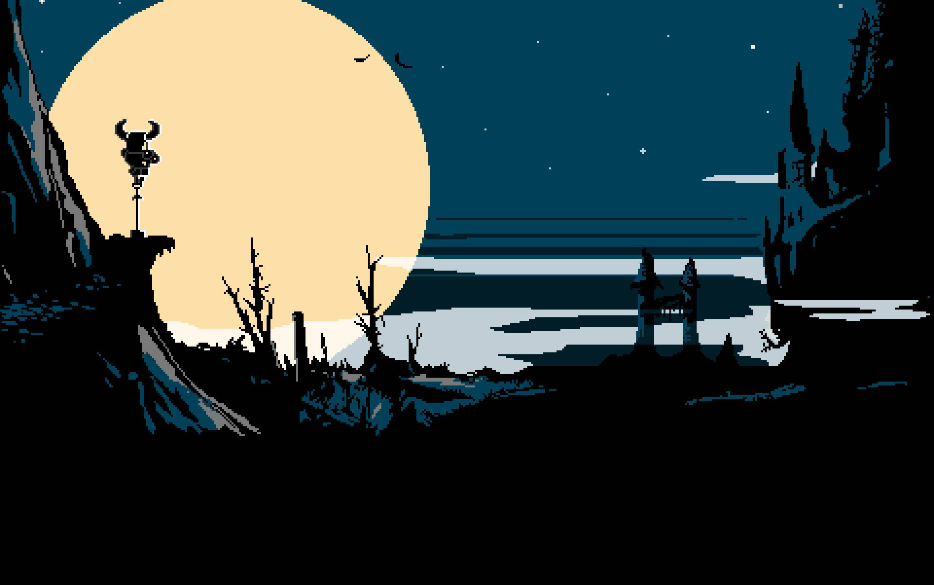 像素藝術夜景，有大月亮、懸崖、枯樹和城堡剪影。