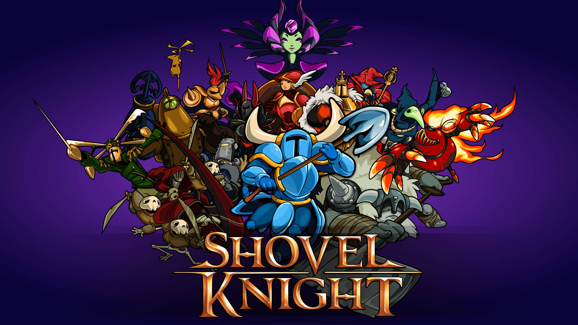 Shovel Knight和他的遊戲角色團隊，以色彩繽紛的像素藝術風格呈現。