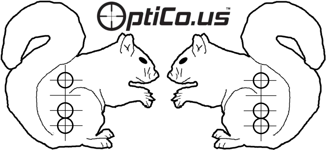 鏡像松鼠光學對齊 壁紙 — 黑色背景，帶有白色 OptiCo.us 標誌，兩側各有三個垂直對齊目標。