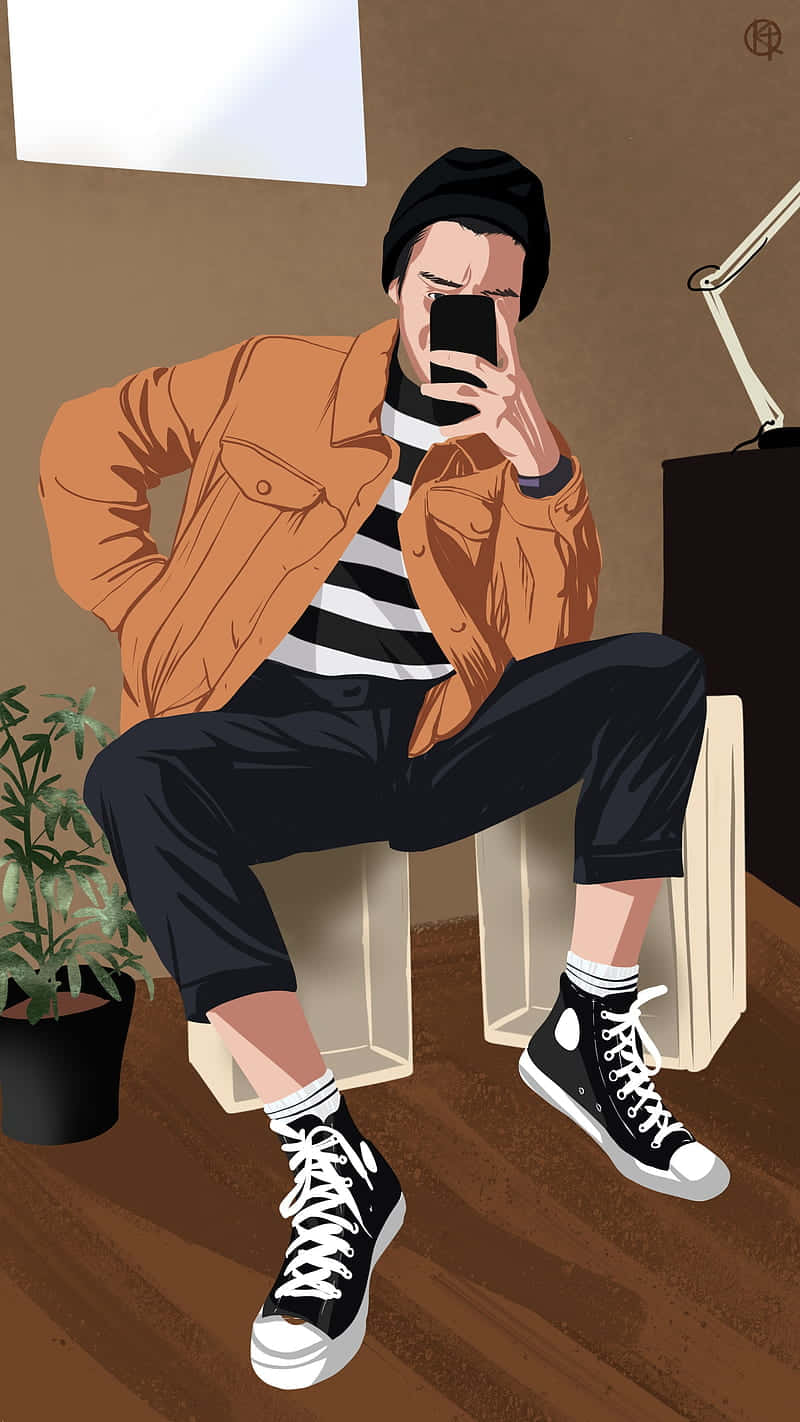身穿橙色外套和冷帽的年輕男子在室內靠近植物自拍。