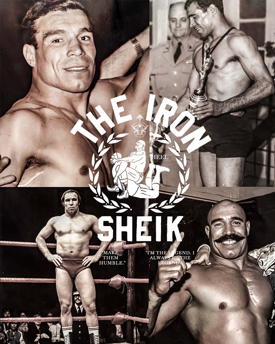 The Iron Sheik摔角手拼貼畫，包含獎盃和擂台姿勢。