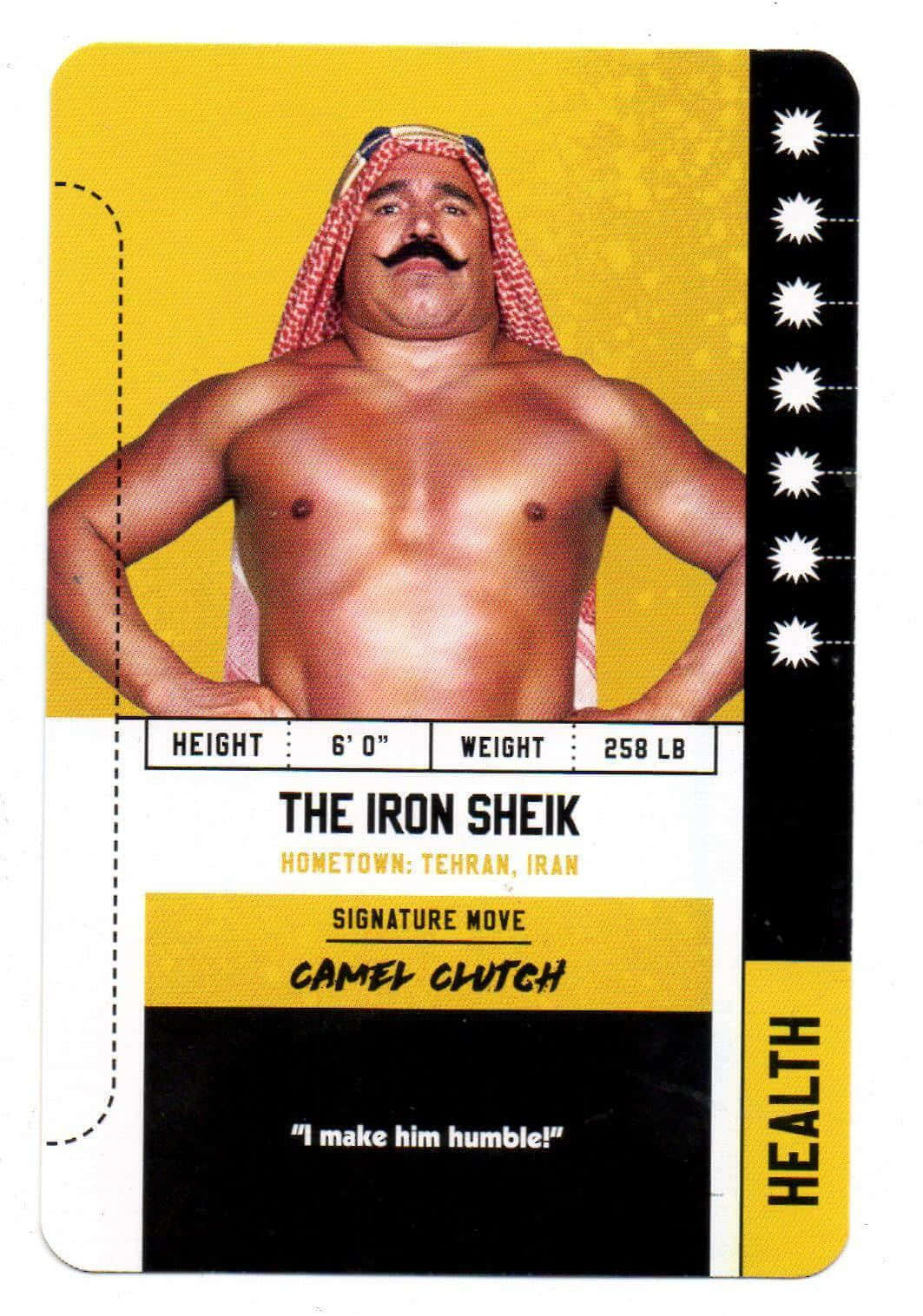 The Iron Sheik 的復古摔角卡，附有統計數據和招牌動作。
