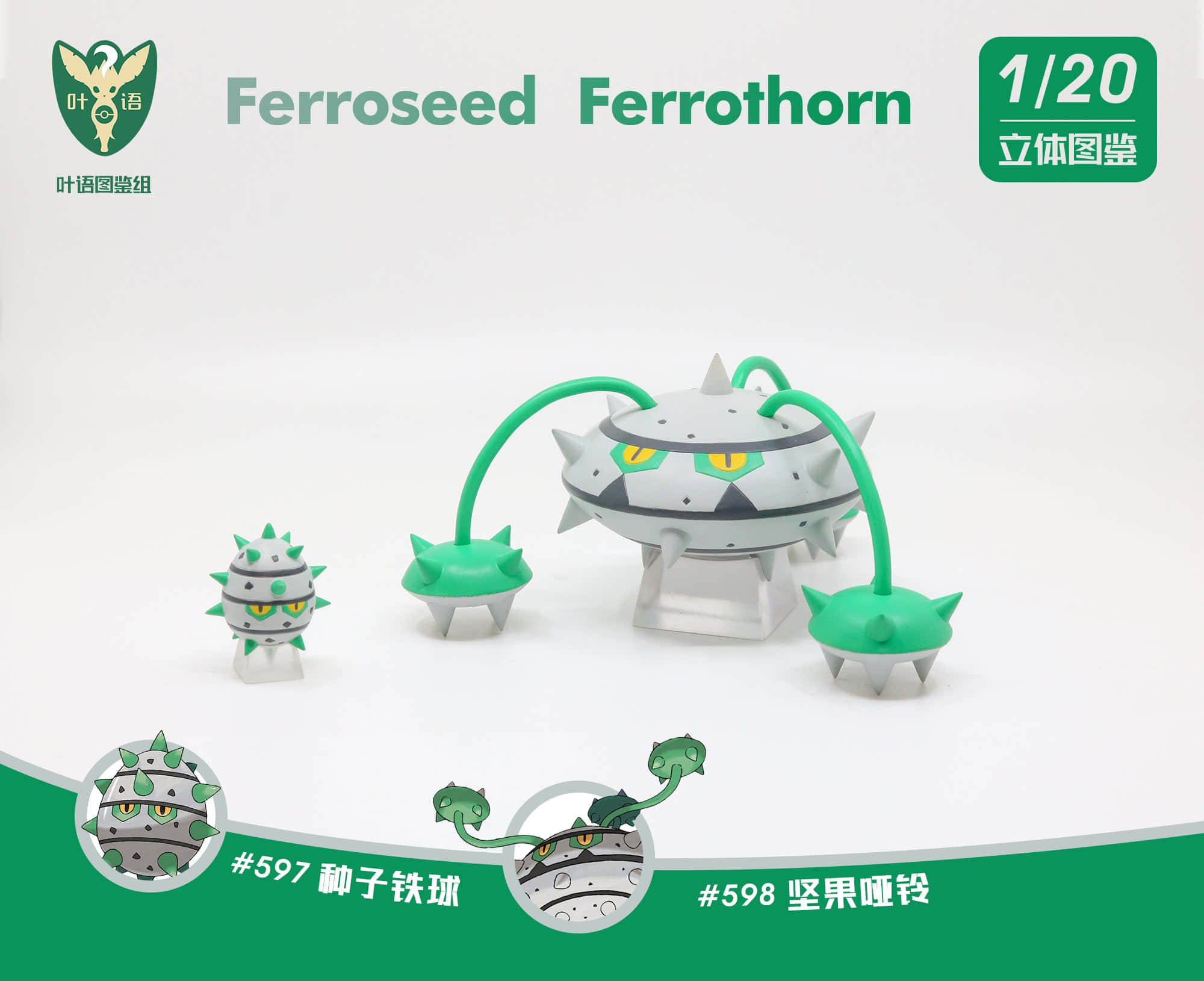 鐵刃與鐵骨玩具 壁紙 — 三個灰色和綠色、黃色眼睛的詳細 Ferroseed Ferrothorn 寶可夢公仔展示在乾淨的白色背景上。