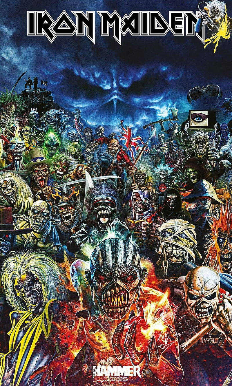 Iron Maiden 樂隊海報， Eddie 和惡魔角色在暴風雨的天空下。
