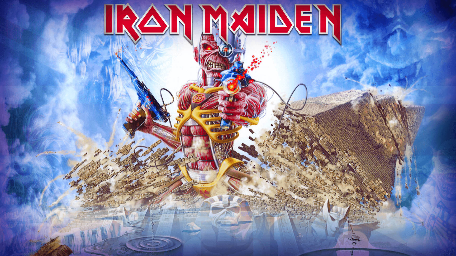 Iron Maiden's Cyborg Eddie 壁紙 — 鐵娘子樂團的吉祥物艾迪身穿金屬套裝，在暴風雨藍天下衝破 crumbling 石結構。
